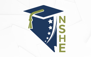 The NSHE Logo set against a background of layered white squares