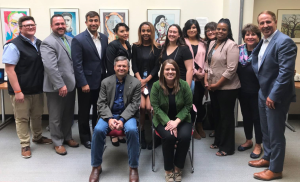 NNFY_RoundtableDiscussion_09-25-19 NSHE Board of Regents Chair Geddes and Fostering Success Initiative Manager Laura Obrist join a group pose with foster youth representatives and supporters of the NSHE Foster Youth Initiative.