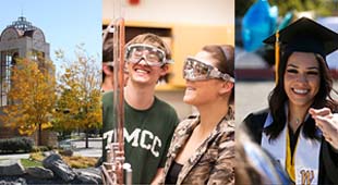 A collage of images from NSHE community colleges. The clock tower at GBC, students engaged in a science demonstration, a smiling graduate wearing a black cap and gown adorned with the WNC logo