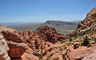 the red rock mountains set against a blue sky.