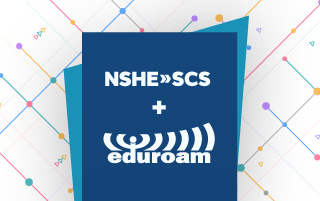 Logos: NSHE >> SCS and eduroam Photo: A street level view of the Las Vegas city hall as seen at twilight.