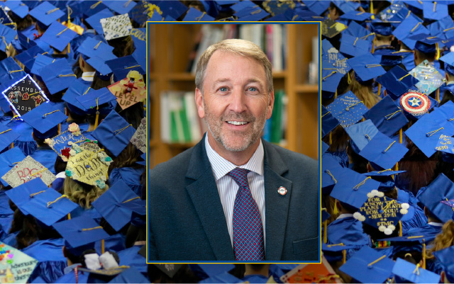 A headshot of new CSN president Dr. Stacy Klippenstein superimposed over a crowd of graduates seen from above.