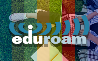Colorful eduroam graphic with student sitting on grass with laptop.