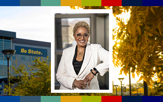 Dr. DeRionne Pollard framed with NSHE institution colors. Background image: The Nevada state University campus seen at sunset
