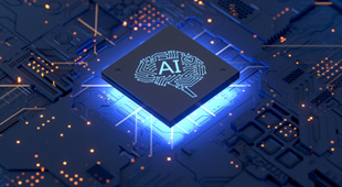 A processing chip set into a motherboard glows blue. A stylized illustration of a brain with "AI" set in the middle of it is stamped on the processor.