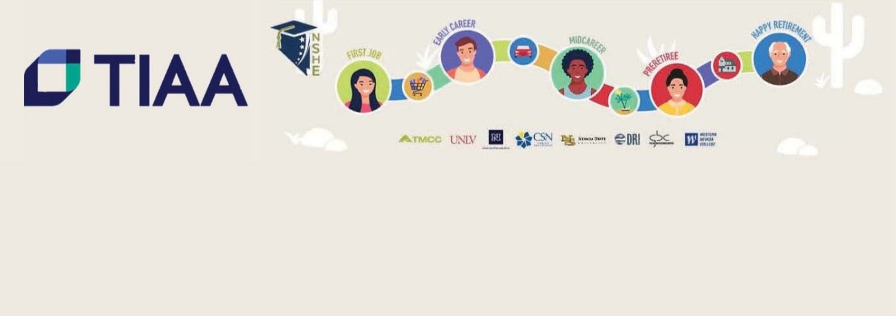 The TIAA logo superimposed next to depiction of kayakers paddling along a lake's coast on a bright sunny day.