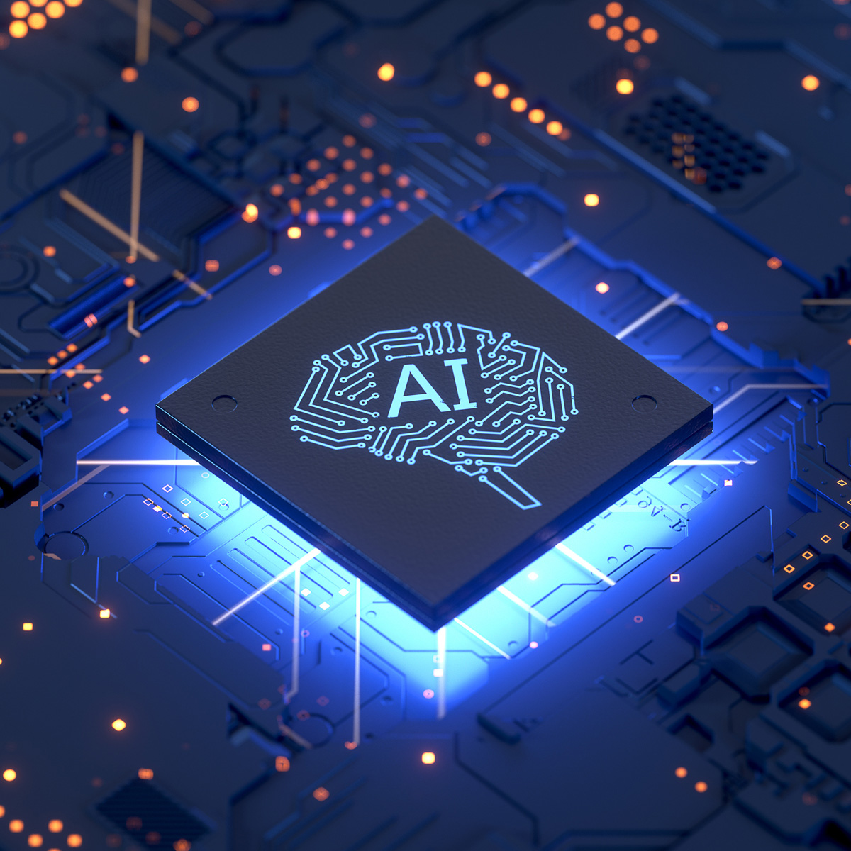 A processing chip set into a motherboard glows blue. A stylized illustration of a brain with "AI" set in the middle of it is stamped on the processor.