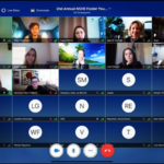 A grid of videoconference windows, half of which show engaged listeners