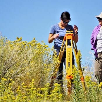 Desert Research Institute scientist Gabrielle Boisrame, Ph.D., (left) and graduate research assistant Rose Shillito from the University of Nevada, Las Vegas (right) survey a site prior to installing scientific equipment at The Nature Conservancy’s 7J Ranch on September 18, 2019. Credit: Ali Swallow/DRI.