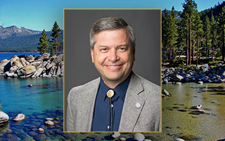 Former Regent Jason Geddes superimposed over a view of lake Tahoe one a beautiful sunny day