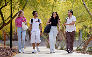 Four students walk along a tree-lined path