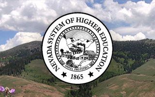 The Board of Regents seal superimposed over a cloudy blue sky and green hills.