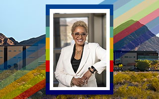 Image of NSU landscape with headshot image of NSU President Dr. Pollard.