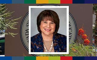 Headshot image of Regent Carol Del Carlo, member of the NSHE Board of Regents and NSHE logo in back.