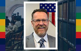 Background of library books with students studying with headshot image of Brody Leiser (left).