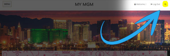 Screenshot of the My MGM website. The Search icon is highlighted with an arrow pointing to it.