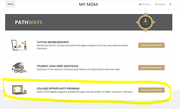 The My MGM Pathways options. The College Opportunity Program is highlighted.